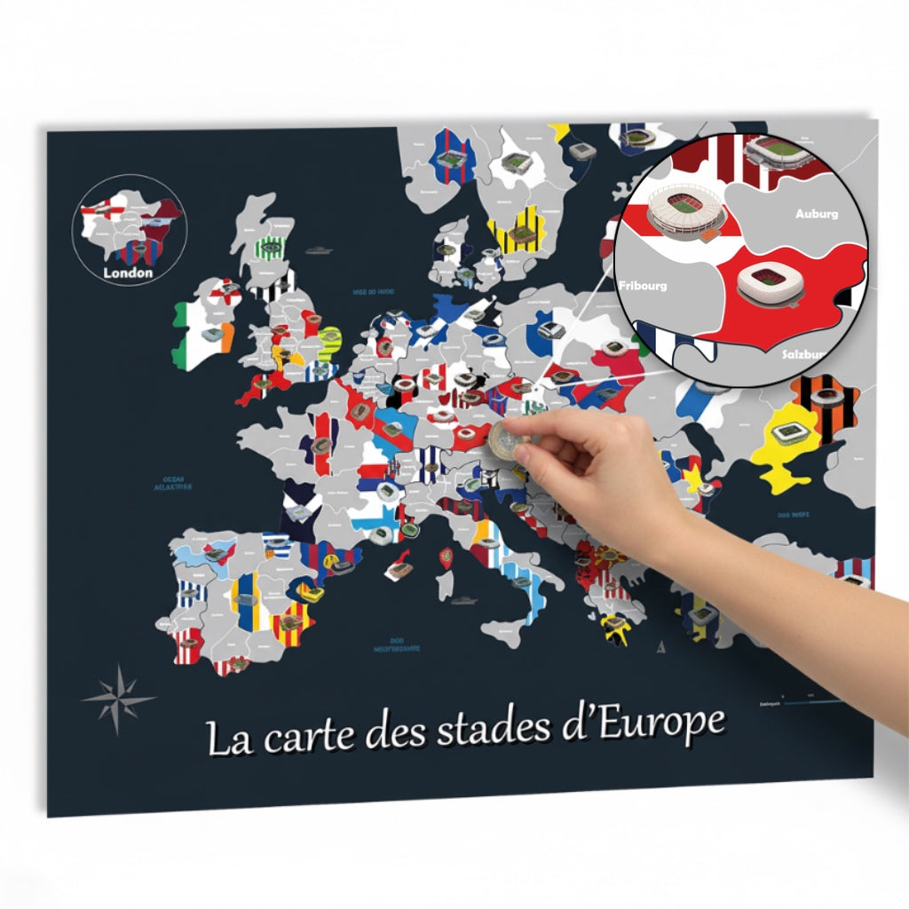 La Carte à gratter des stades de football en Europe - Idée cadeau pour fan de foot