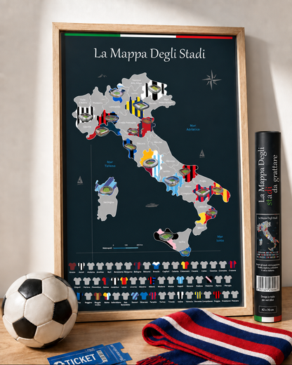 Mappa da grattare degli stadi d’Italia incorniciata – idea regalo per tifosi di calcio