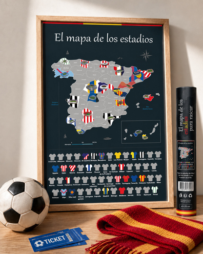 Mapa rascable de estadios de España enmarcado – regalo original para aficionados al fútbol